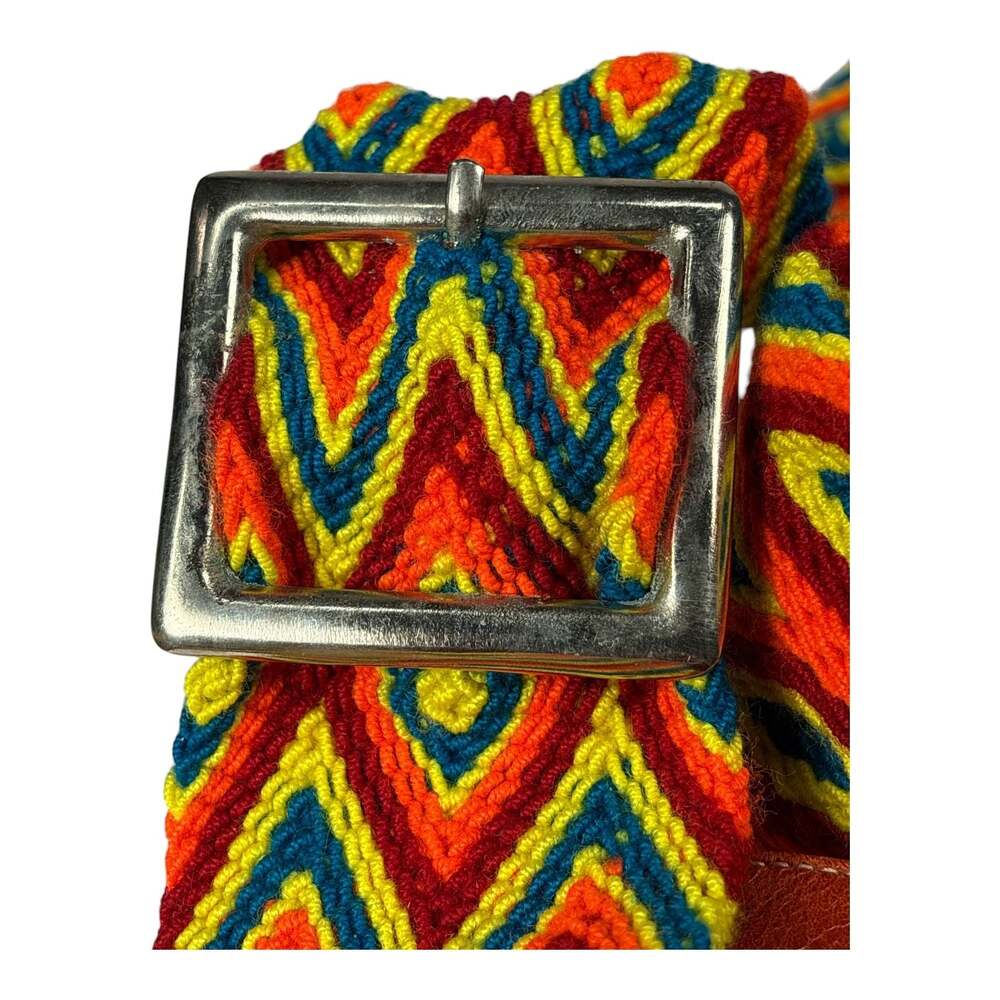 Handmade Artisan Mola and Brown Leather Crescent Shoulder Bag Multicolor Strap - Picture 7 of 7